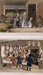 Der Fleischstand und der Obststand von den Londoner Märkten, graviert von M. Dubourg, 1822